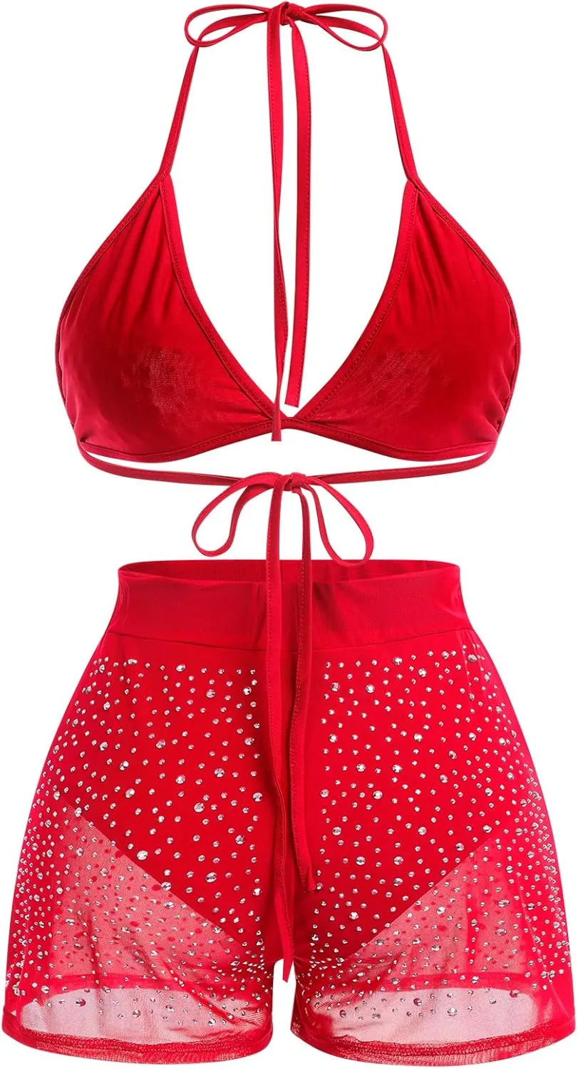 Women Sparkle Rhinestone Mesh Sheer Bikini Sets Halter Bra Top High Waist Shorts Bottom Swimsuits Rave Outfit