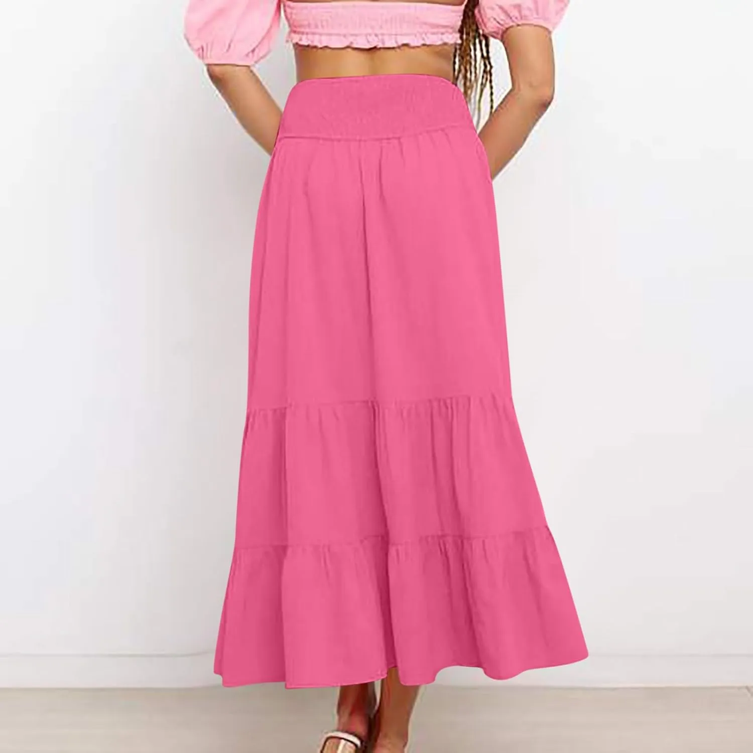 Women Summer Midi Skirts Flowy Elastic High Waist Pleated Tiered Casual Swing Boho A Line Ruffle Skirt
