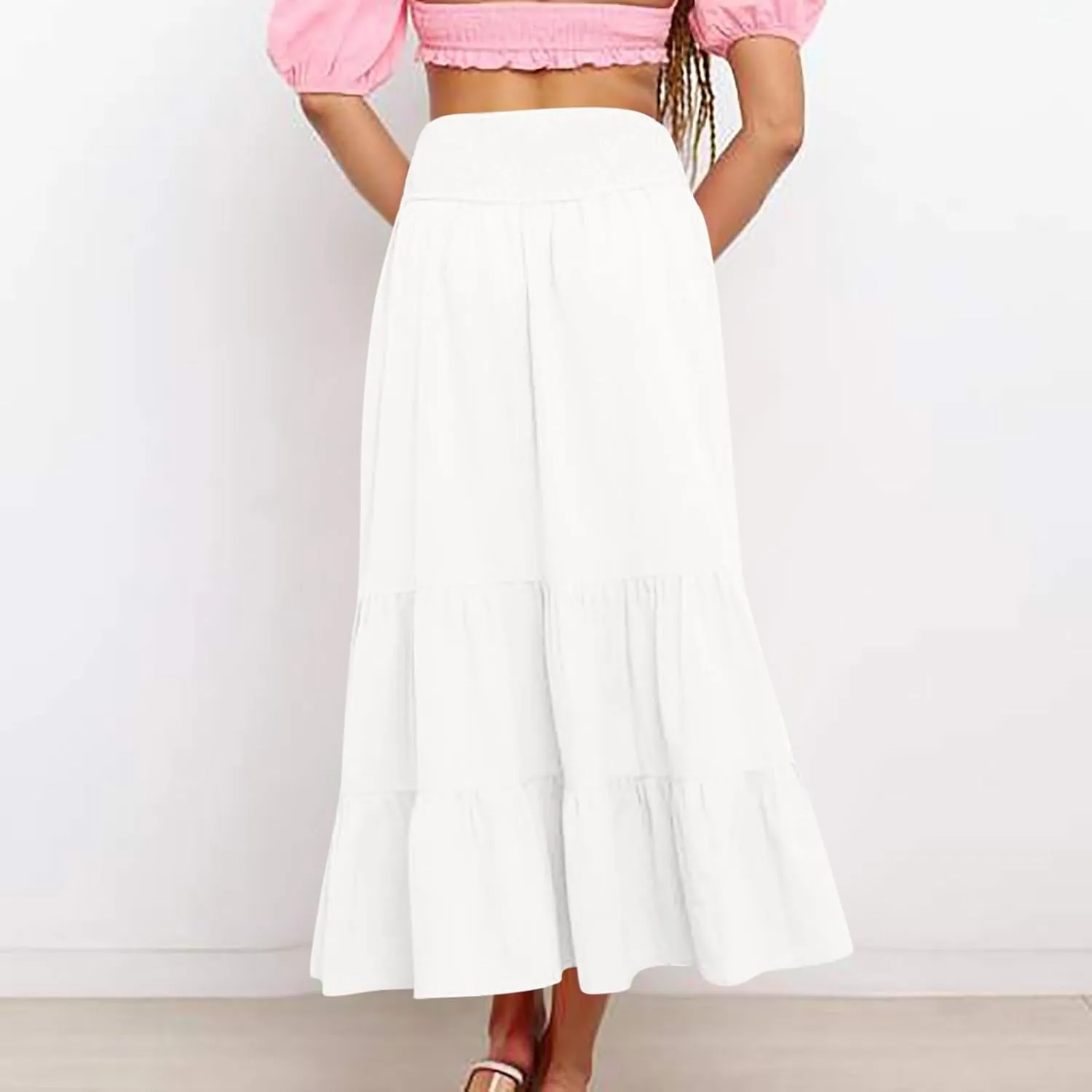 Women Summer Midi Skirts Flowy Elastic High Waist Pleated Tiered Casual Swing Boho A Line Ruffle Skirt