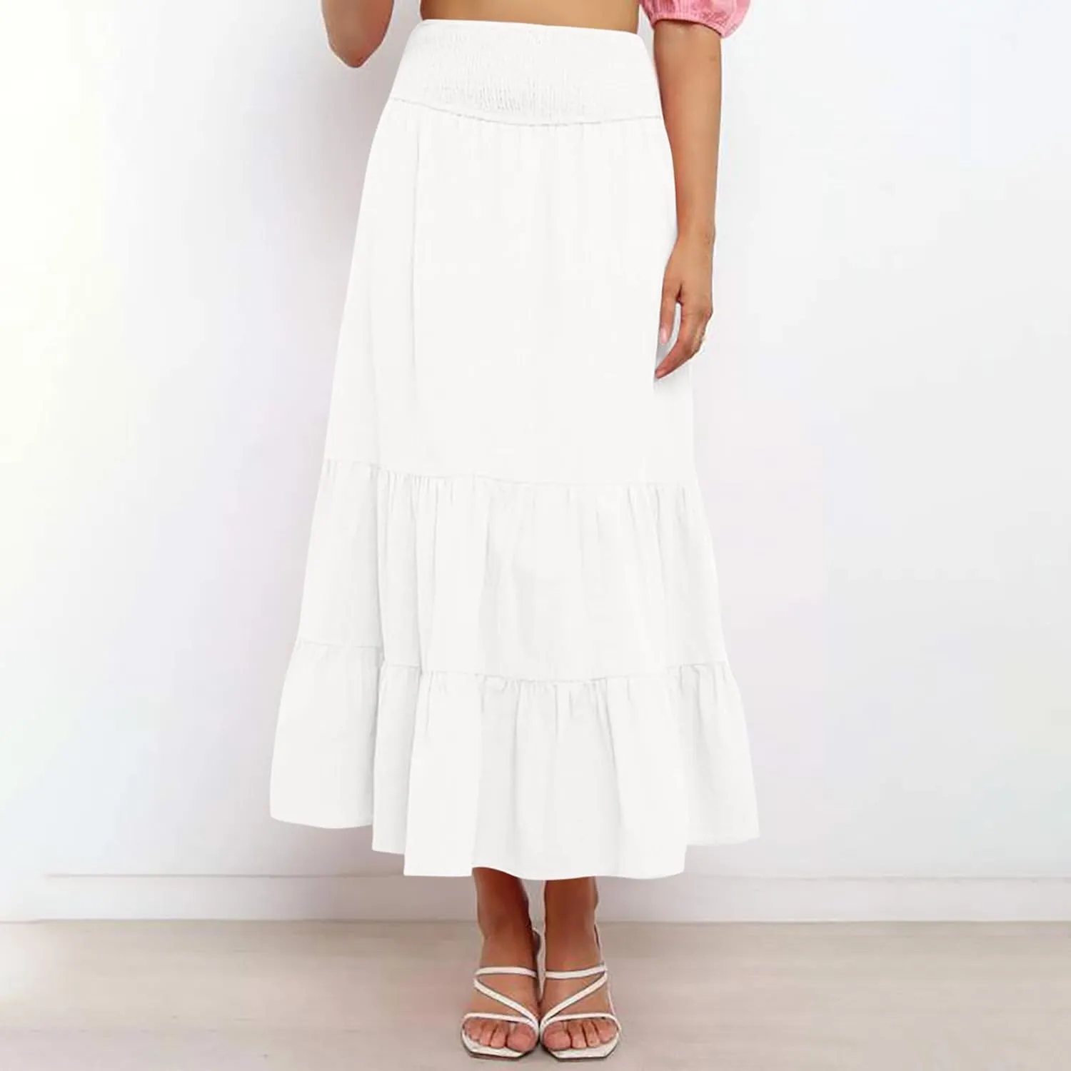 Women Summer Midi Skirts Flowy Elastic High Waist Pleated Tiered Casual Swing Boho A Line Ruffle Skirt