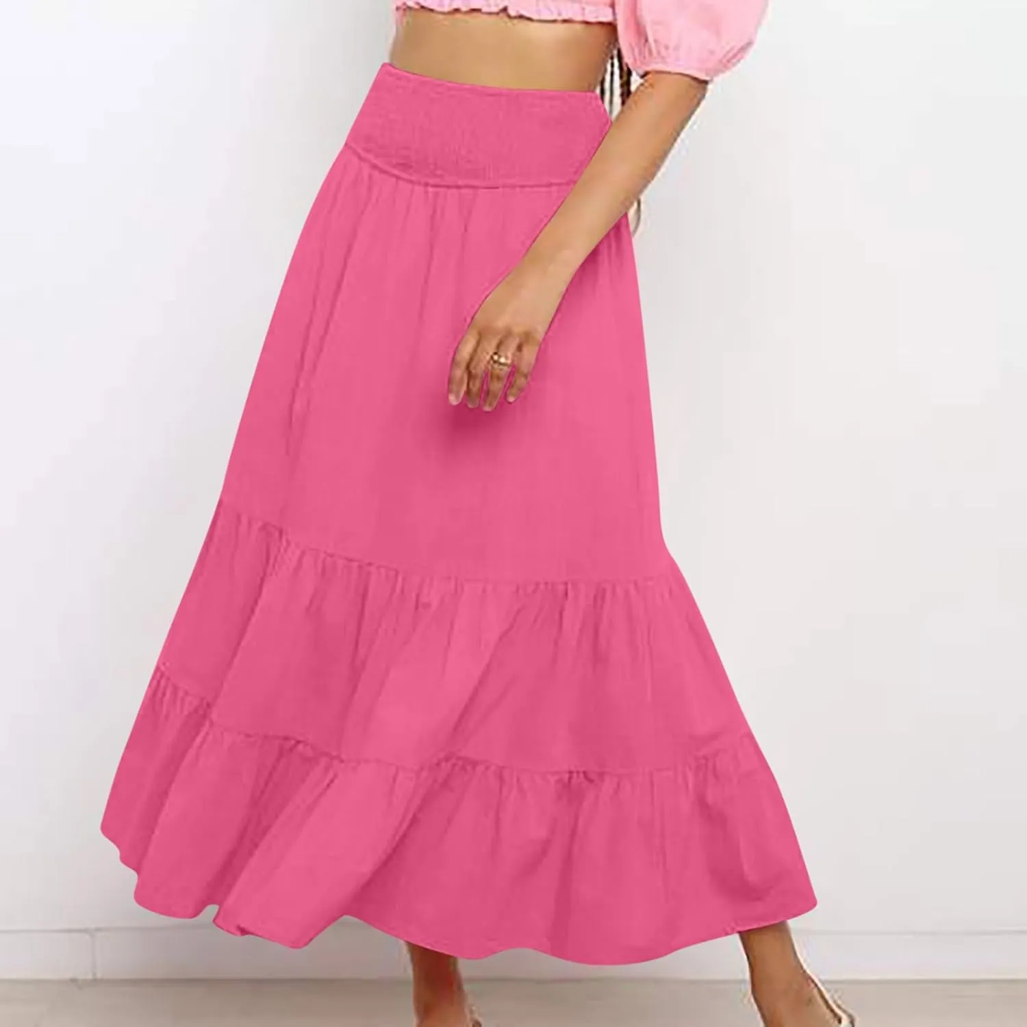 Women Summer Midi Skirts Flowy Elastic High Waist Pleated Tiered Casual Swing Boho A Line Ruffle Skirt