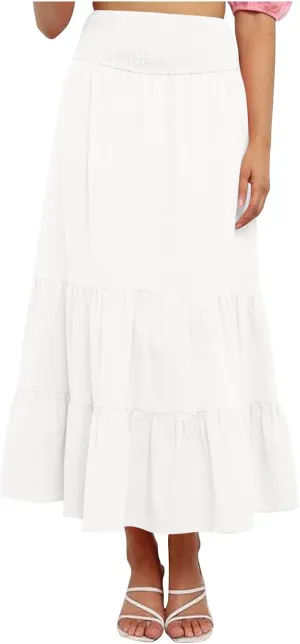 Women Summer Midi Skirts Flowy Elastic High Waist Pleated Tiered Casual Swing Boho A Line Ruffle Skirt