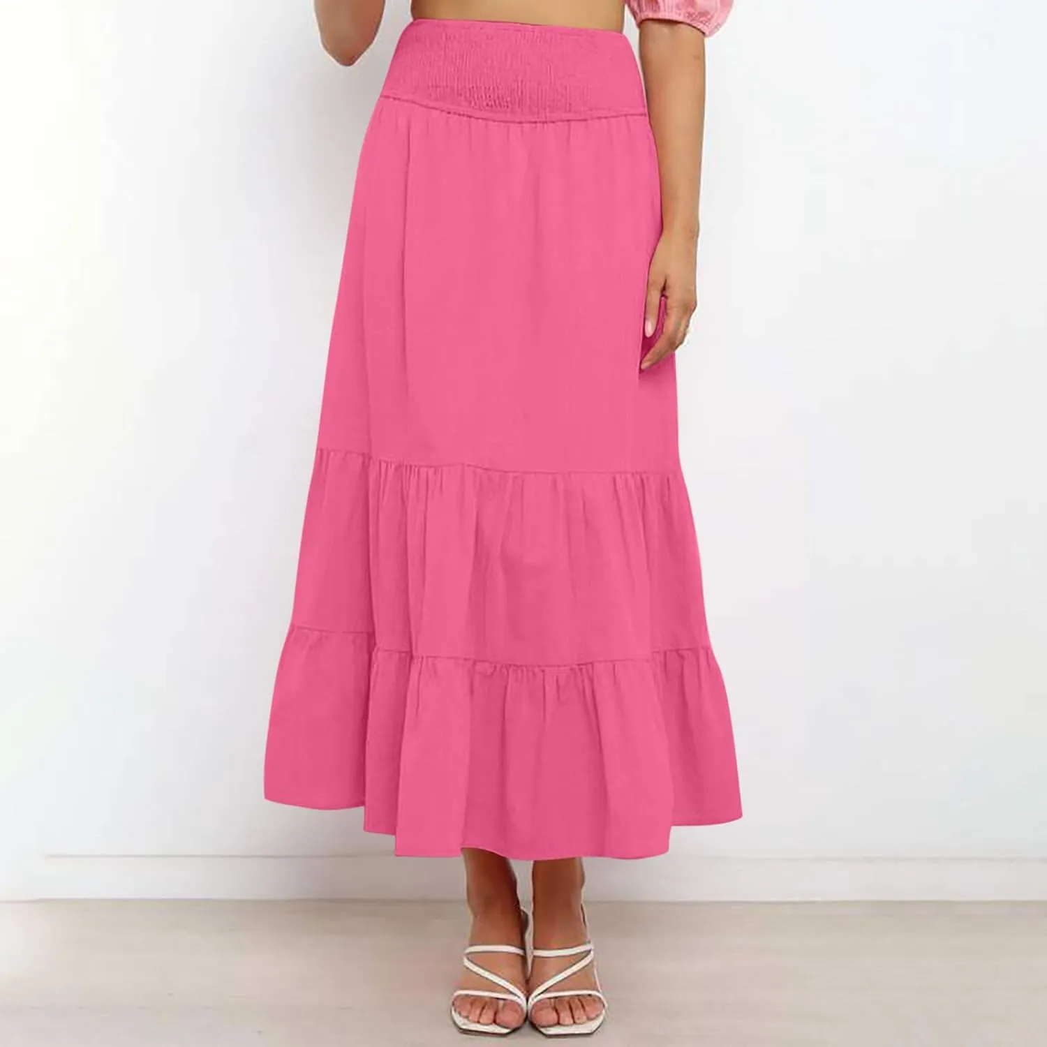 Women Summer Midi Skirts Flowy Elastic High Waist Pleated Tiered Casual Swing Boho A Line Ruffle Skirt