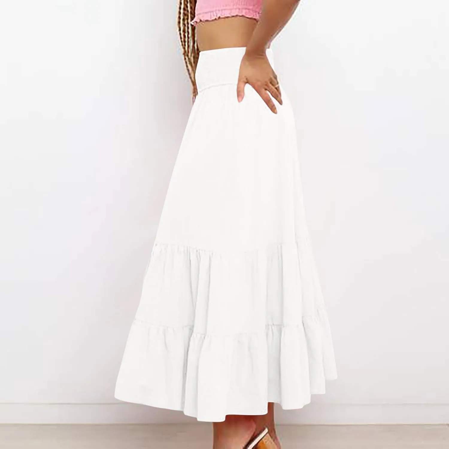 Women Summer Midi Skirts Flowy Elastic High Waist Pleated Tiered Casual Swing Boho A Line Ruffle Skirt