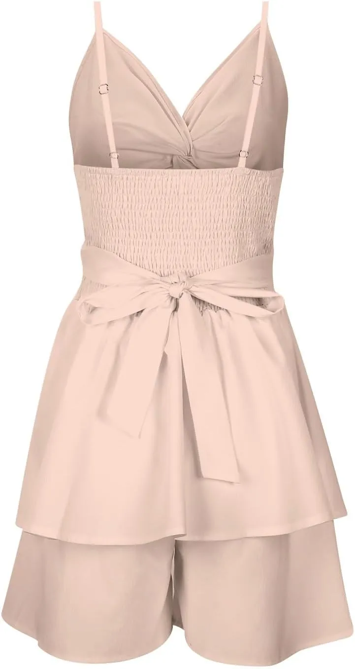 Women Summer Spaghetti Strap Dress Sexy Casual Double Layer Ruffle V Neck Cutout Dresses Beach Cocktail Party Mini Dresses