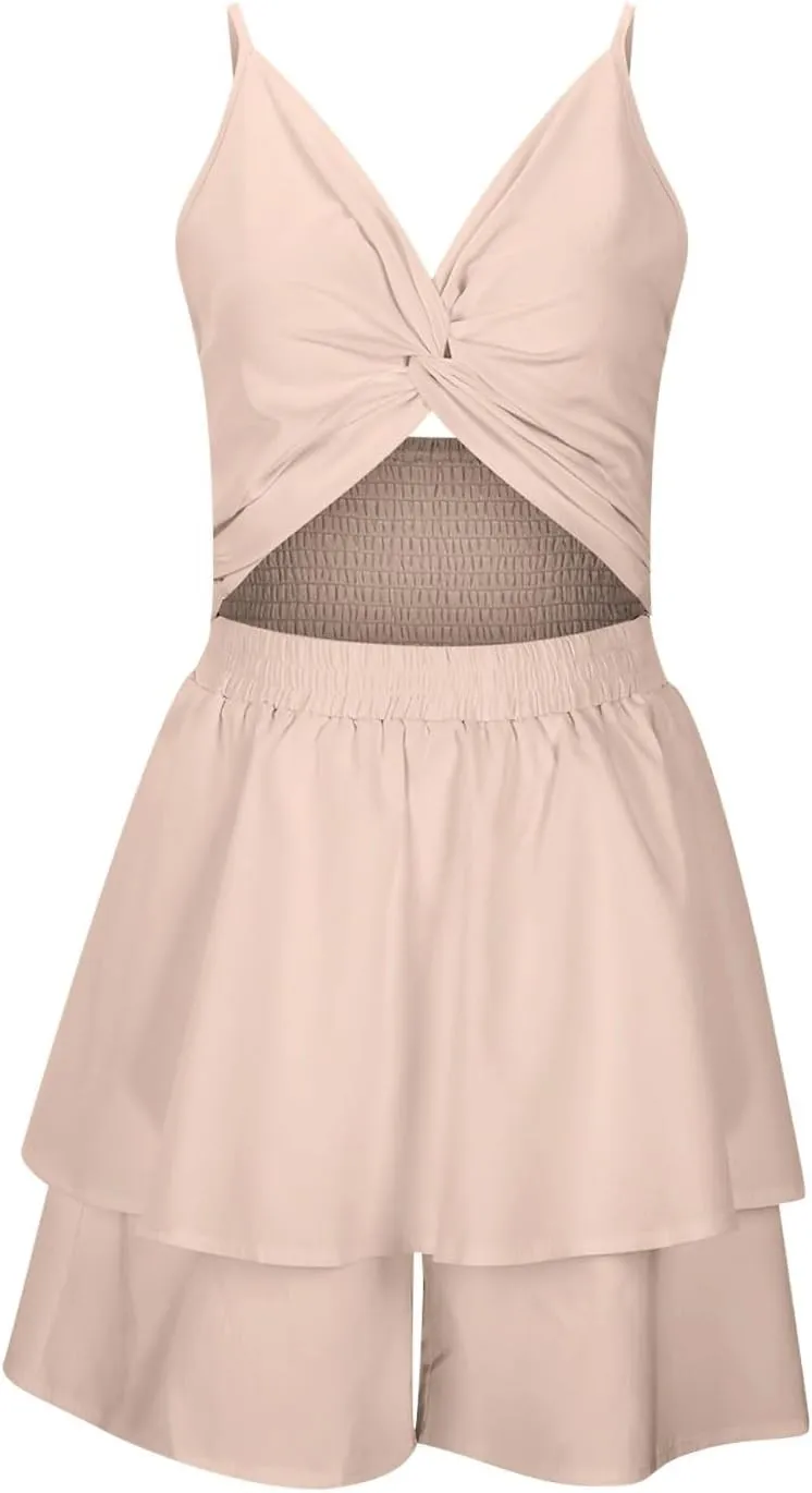 Women Summer Spaghetti Strap Dress Sexy Casual Double Layer Ruffle V Neck Cutout Dresses Beach Cocktail Party Mini Dresses