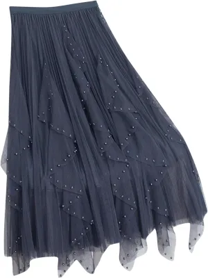 Women Tulle Skirts Solid Color Elastic Waist Mesh Tiered Layered Asymmetrical Skirt Casual Fashion Elegant Skirts