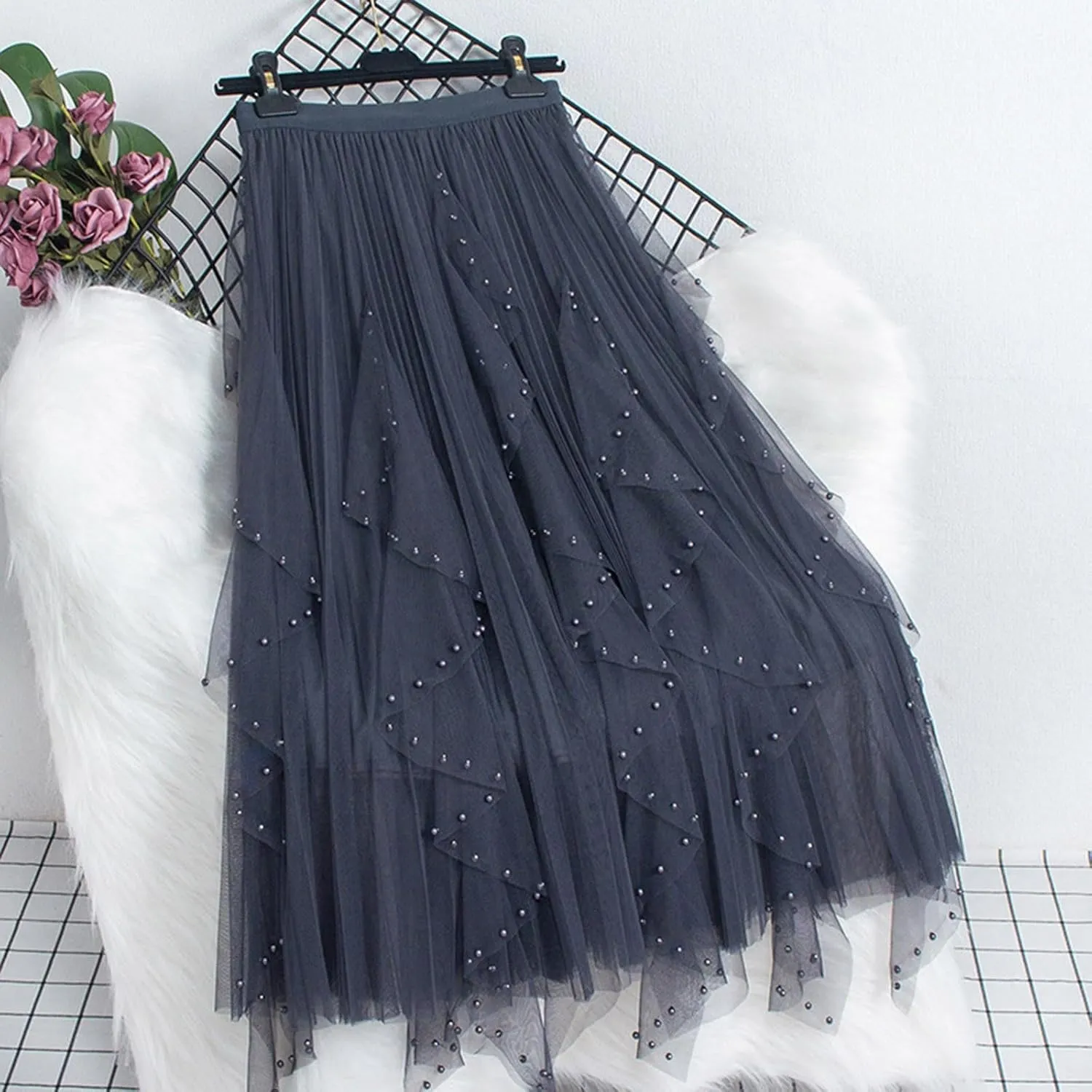 Women Tulle Skirts Solid Color Elastic Waist Mesh Tiered Layered Asymmetrical Skirt Casual Fashion Elegant Skirts