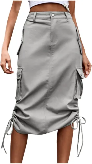 Women Y2k Drawstring Cargo Denim Skirt High Waist Ruched Parachute Maxi Long Skirts Vintage Jean Skirt with Pockets