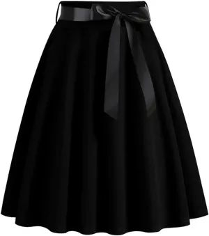 Women's 1950S Vintage Skirts Bow Belt High Waist A-Line Pleated Short Skirt Solid Color Knee Length Midi Skirt
