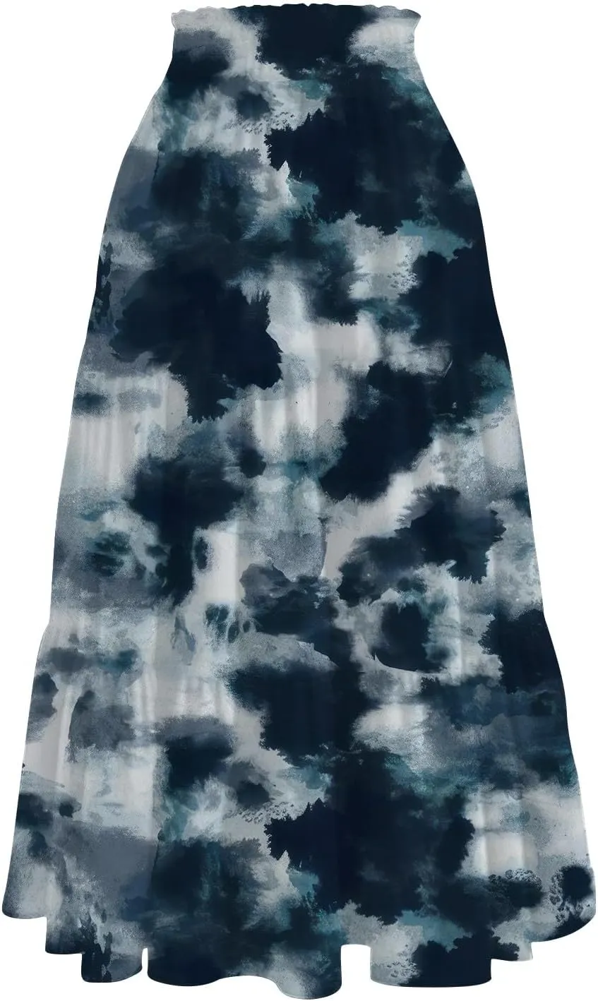 Women's 2025 Summer Bohemian Elastic Waist Gradient Flared A Line Midi Skirt with Pockets, S-2XL