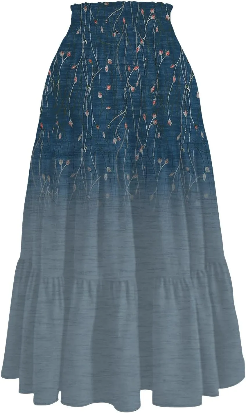 Women's 2025 Summer Bohemian Elastic Waist Gradient Flared A Line Midi Skirt with Pockets, S-2XL