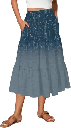 Women's 2025 Summer Bohemian Elastic Waist Gradient Flared A Line Midi Skirt with Pockets, S-2XL