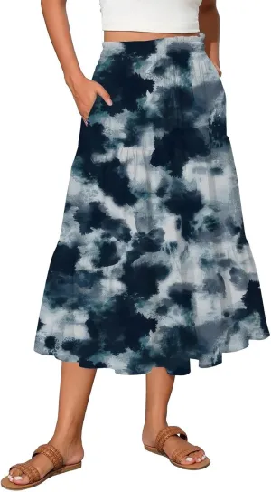 Women's 2025 Summer Bohemian Elastic Waist Gradient Flared A Line Midi Skirt with Pockets, S-2XL
