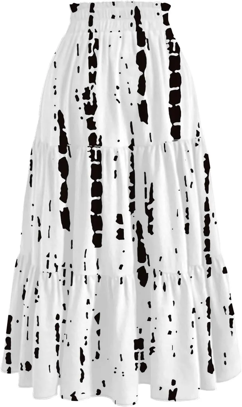 Women's 2025 Summer Bohemian Elastic Waist Gradient Flared A Line Midi Skirt with Pockets, S-2XL
