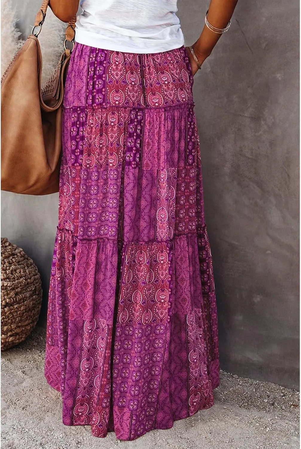 Womens 2025 Summer Boho Floral Maxi Skirt High Waist Casual Elastic Waist Flowy Pleated A Line Skirts with Pockets
