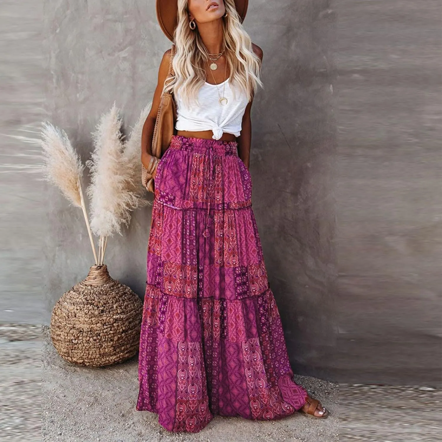Womens 2025 Summer Boho Floral Maxi Skirt High Waist Casual Elastic Waist Flowy Pleated A Line Skirts with Pockets
