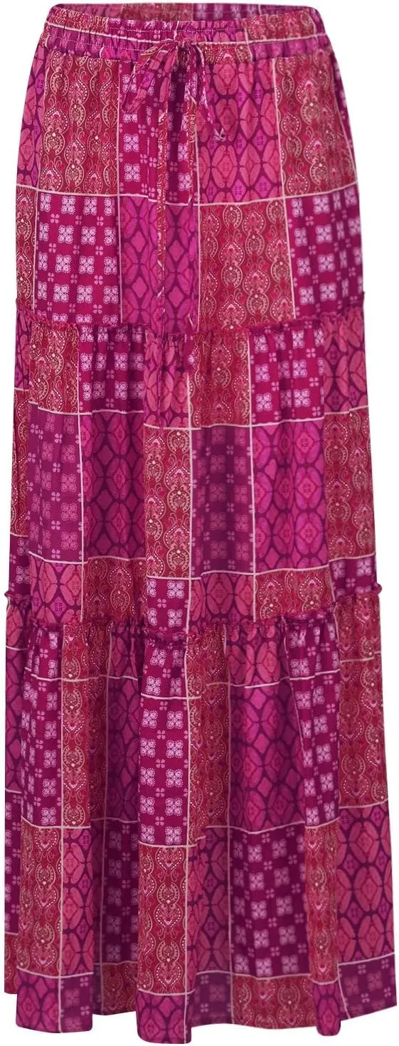 Womens 2025 Summer Boho Floral Maxi Skirt High Waist Casual Elastic Waist Flowy Pleated A Line Skirts with Pockets