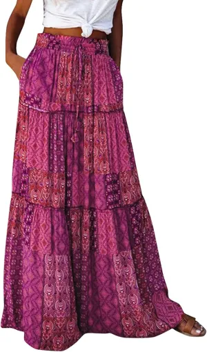 Womens 2025 Summer Boho Floral Maxi Skirt High Waist Casual Elastic Waist Flowy Pleated A Line Skirts with Pockets