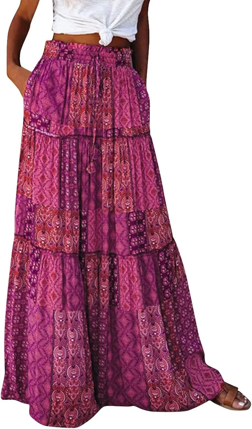 Womens 2025 Summer Boho Floral Maxi Skirt High Waist Casual Elastic Waist Flowy Pleated A Line Skirts with Pockets