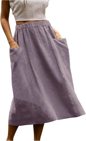 Womens Beach Skirts Summer Comfy Cotton Linen Skirts Basic Solid Color Elastic Waist A-Line Midi Skirts with Pockets
