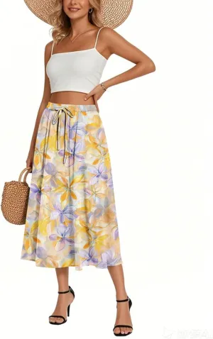 Women's Boho Beach Skirts 2025 Summer Ruffle High Waisted A Line Midi Skirt Flowy Beach Vacation Outfits with Pockets