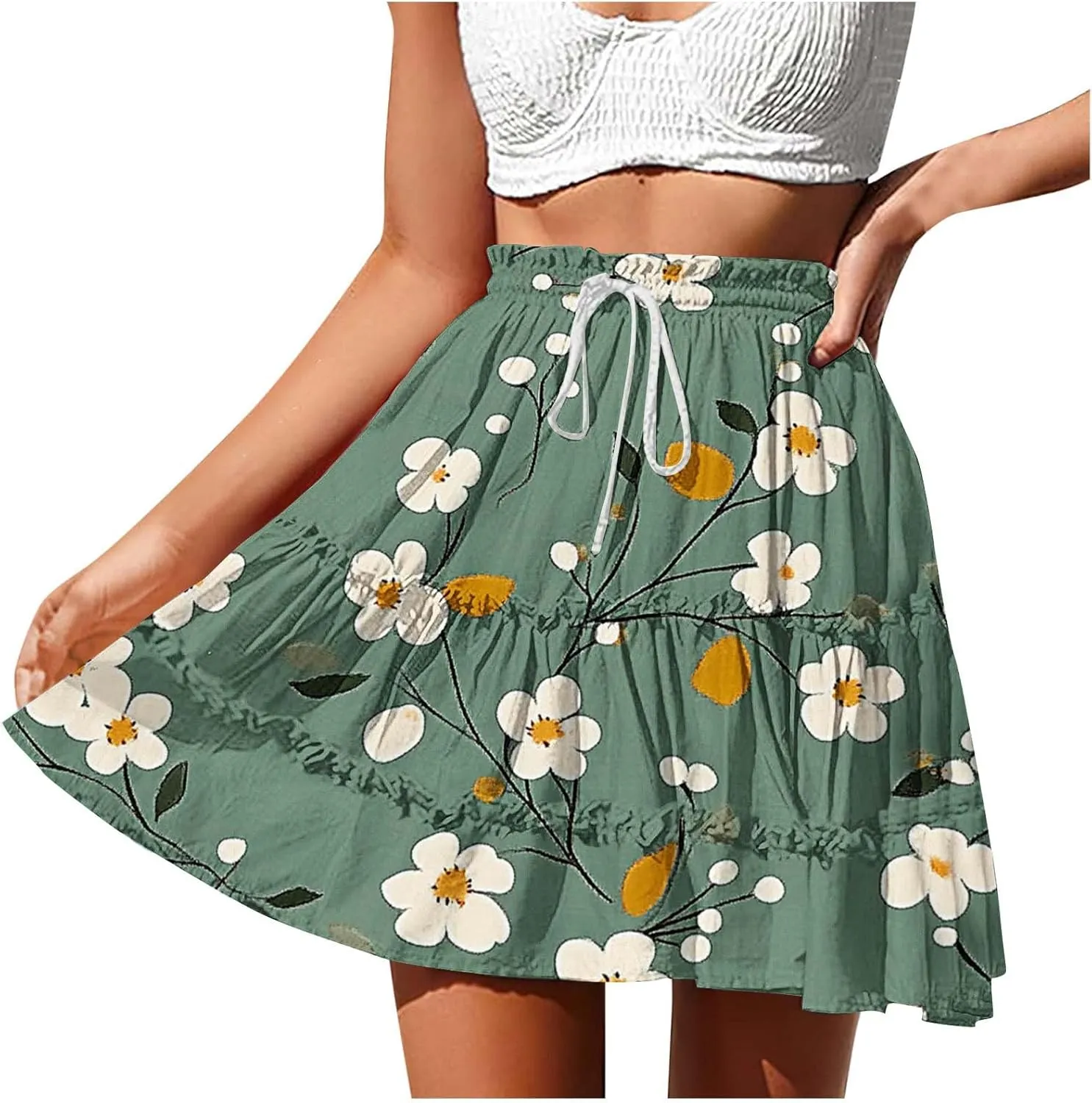 Womens Boho Floral Skirts Pleated Ruffle Tiered High Waisted Drawstring Summer Beach Vacation Mini Skirts