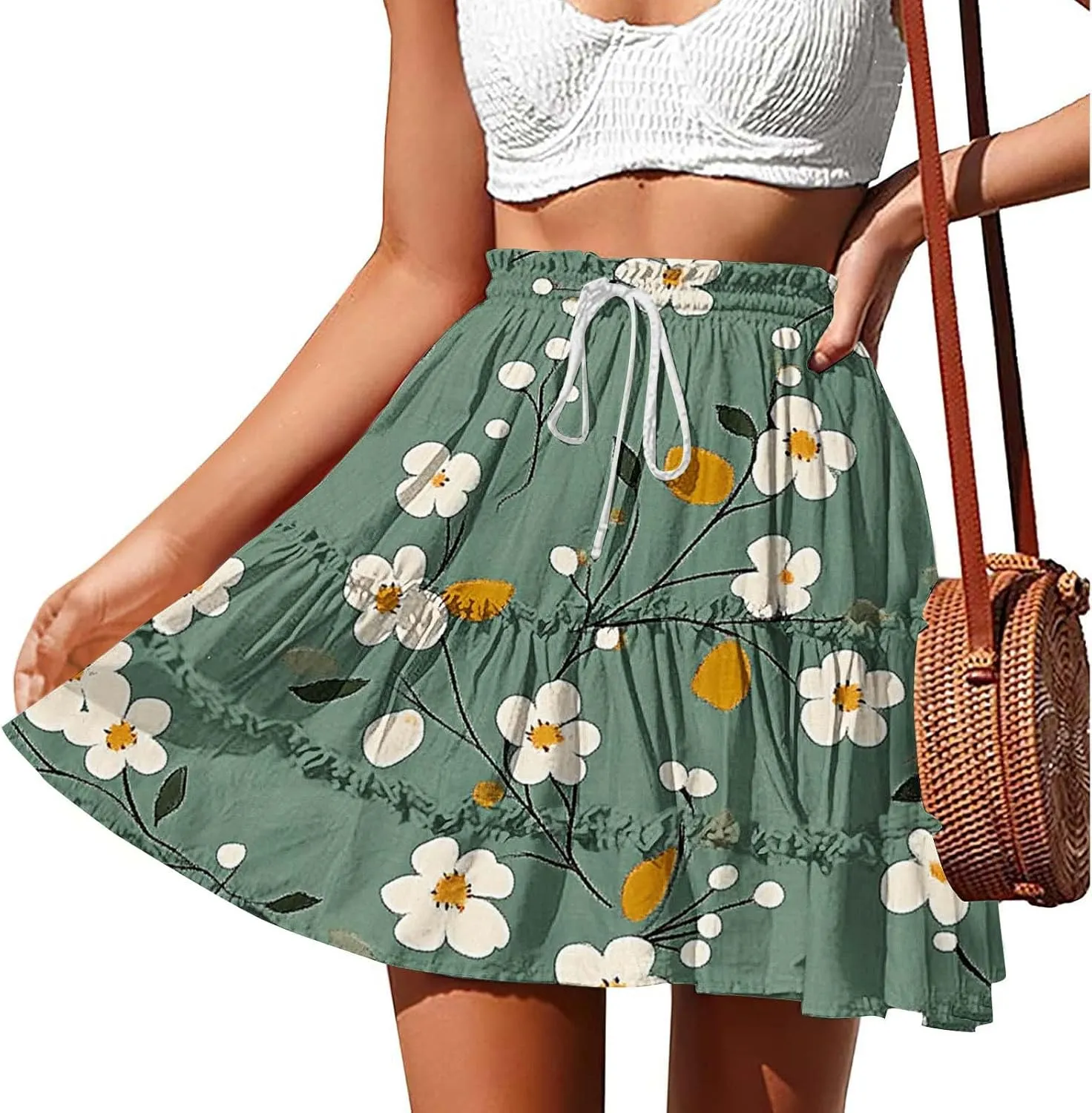 Womens Boho Floral Skirts Pleated Ruffle Tiered High Waisted Drawstring Summer Beach Vacation Mini Skirts