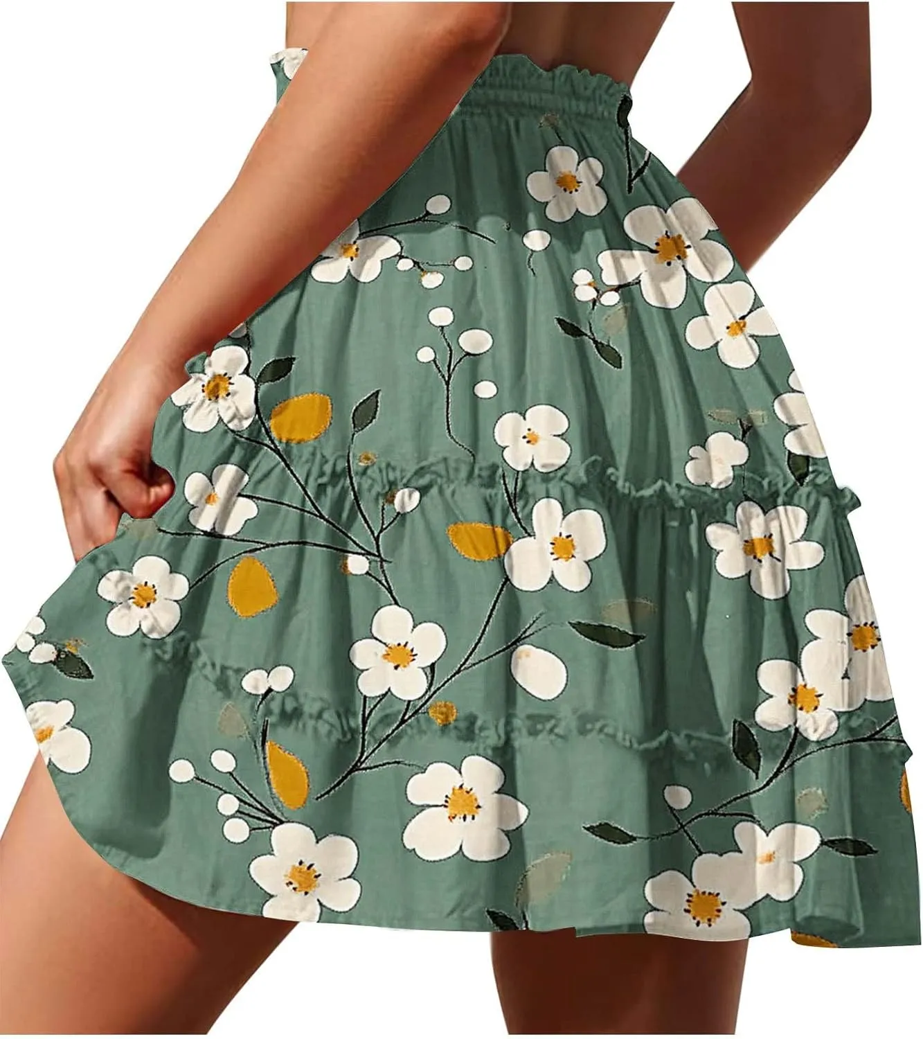 Womens Boho Floral Skirts Pleated Ruffle Tiered High Waisted Drawstring Summer Beach Vacation Mini Skirts