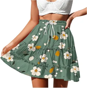 Womens Boho Floral Skirts Pleated Ruffle Tiered High Waisted Drawstring Summer Beach Vacation Mini Skirts