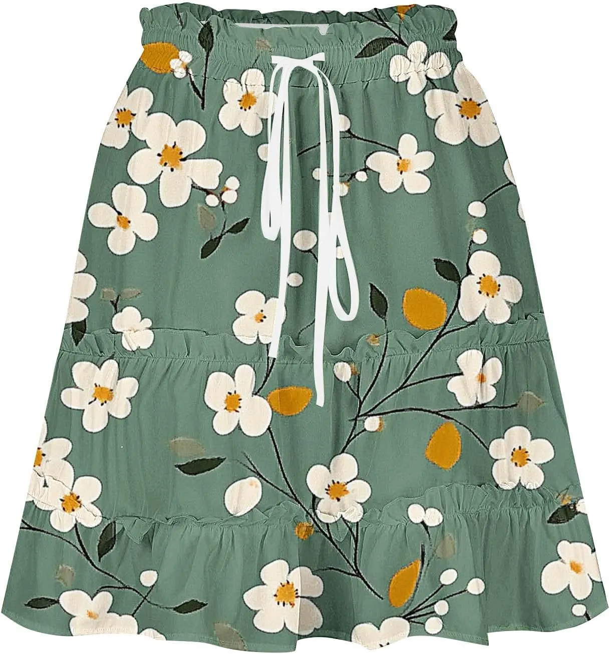 Womens Boho Floral Skirts Pleated Ruffle Tiered High Waisted Drawstring Summer Beach Vacation Mini Skirts