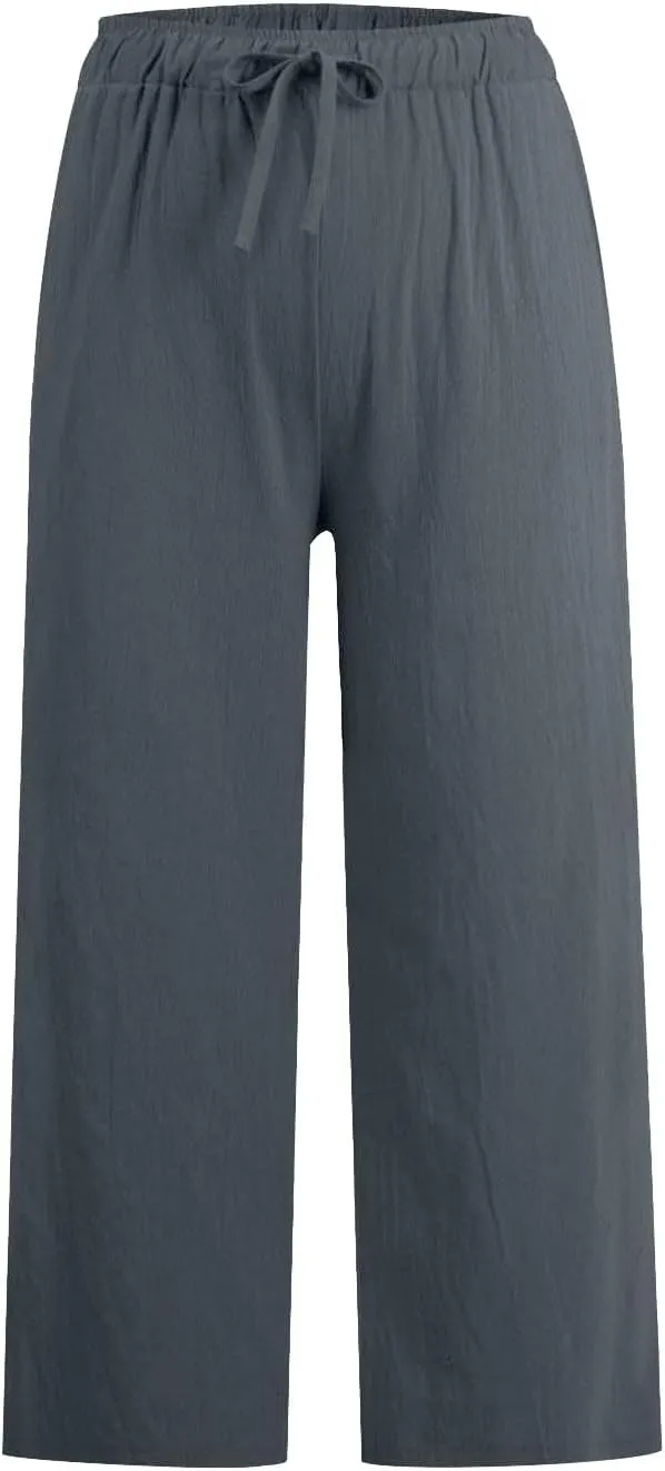 Women's Capri Linen Pants with Pockets Summer High Waist Drawstring Wide Leg Pants Plus Size Loose Casual Trousers