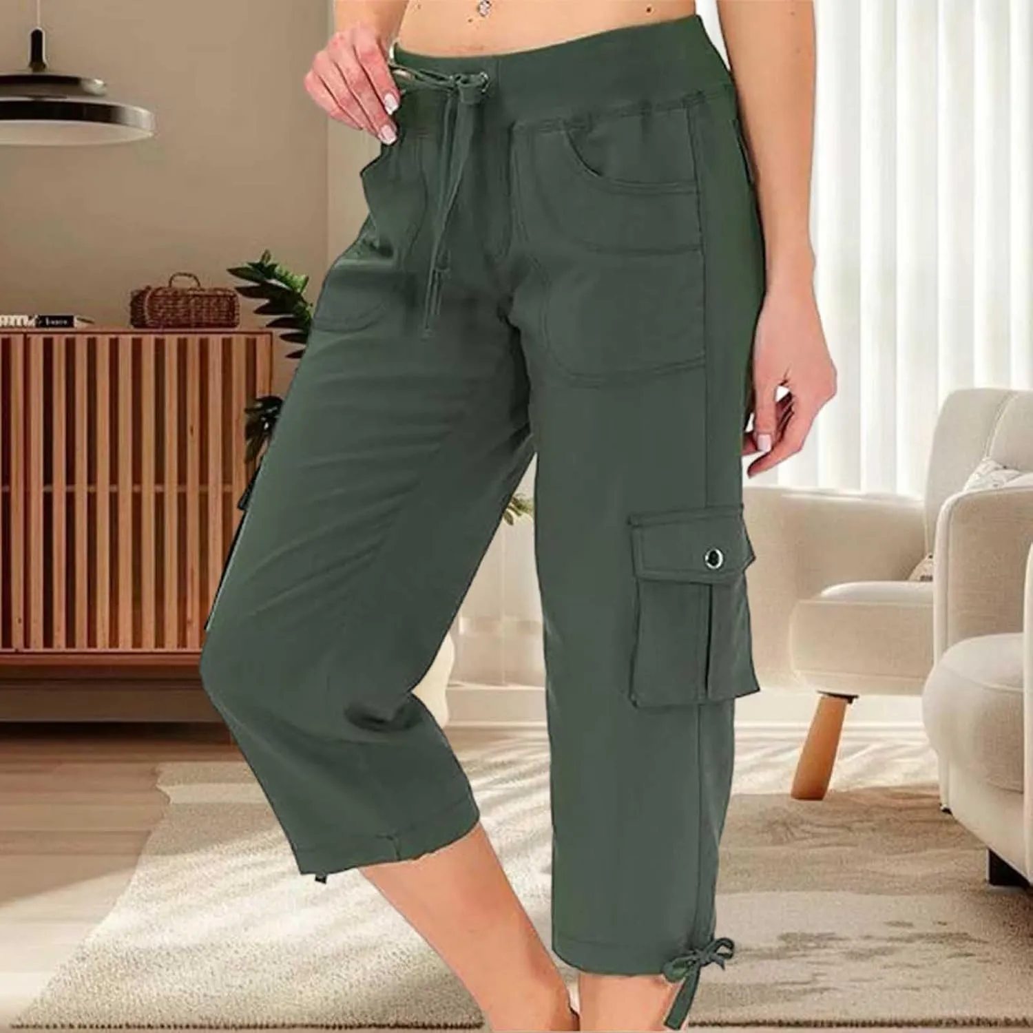 Womens Cargo Pants Casual Y2K Capris Drawstring Waist Travel Gym Hiking Pants Baggy Trendy Multiple Pockets Trousers