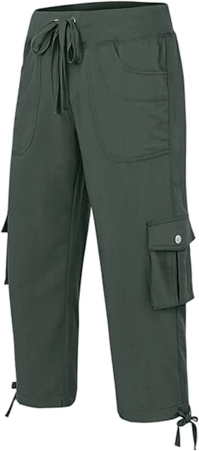 Womens Cargo Pants Casual Y2K Capris Drawstring Waist Travel Gym Hiking Pants Baggy Trendy Multiple Pockets Trousers