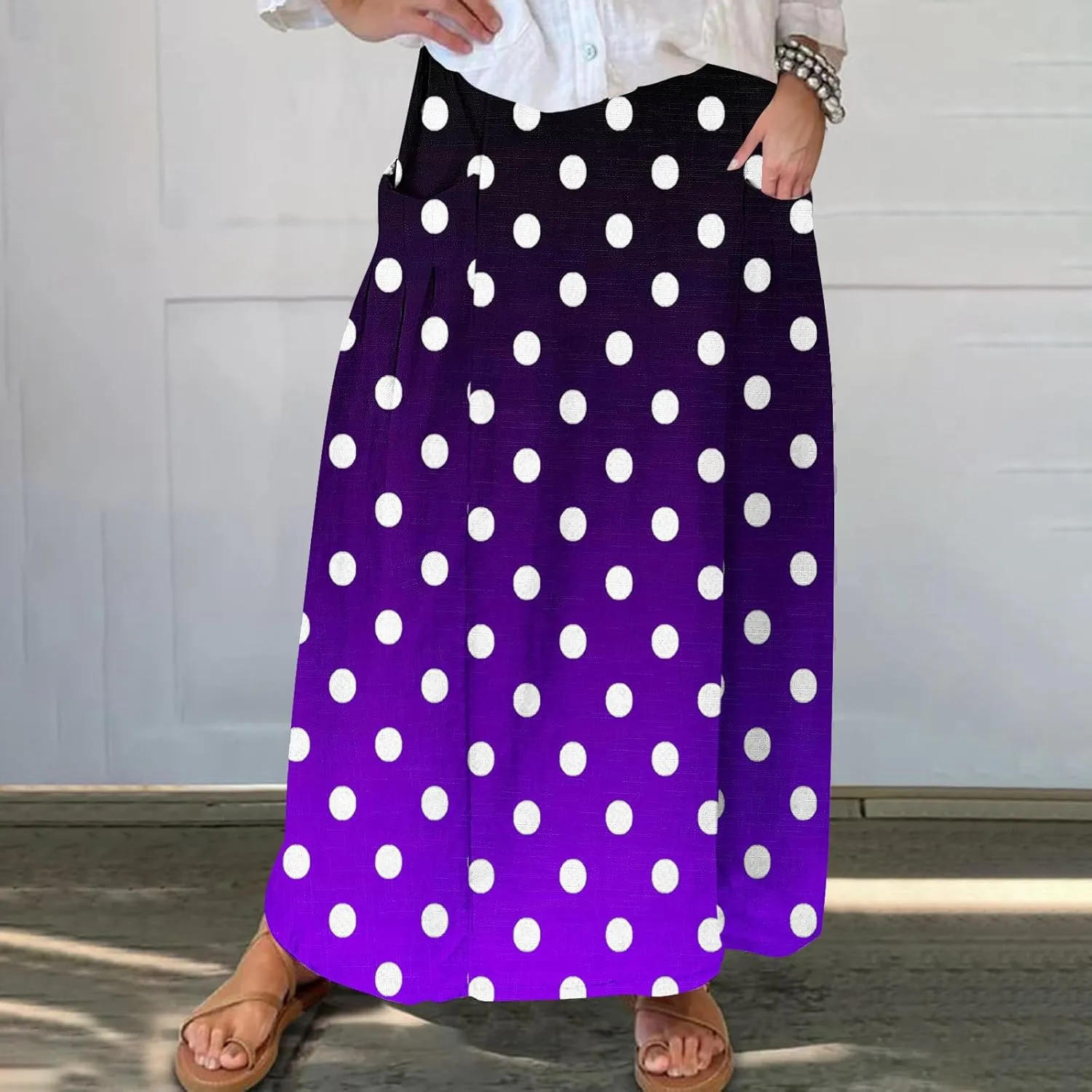 Womens Casual 2024 Printed Skirts Soft High Elastic Waisted Skirt Leisure Summer Pleated Midi Skirts with Pockets