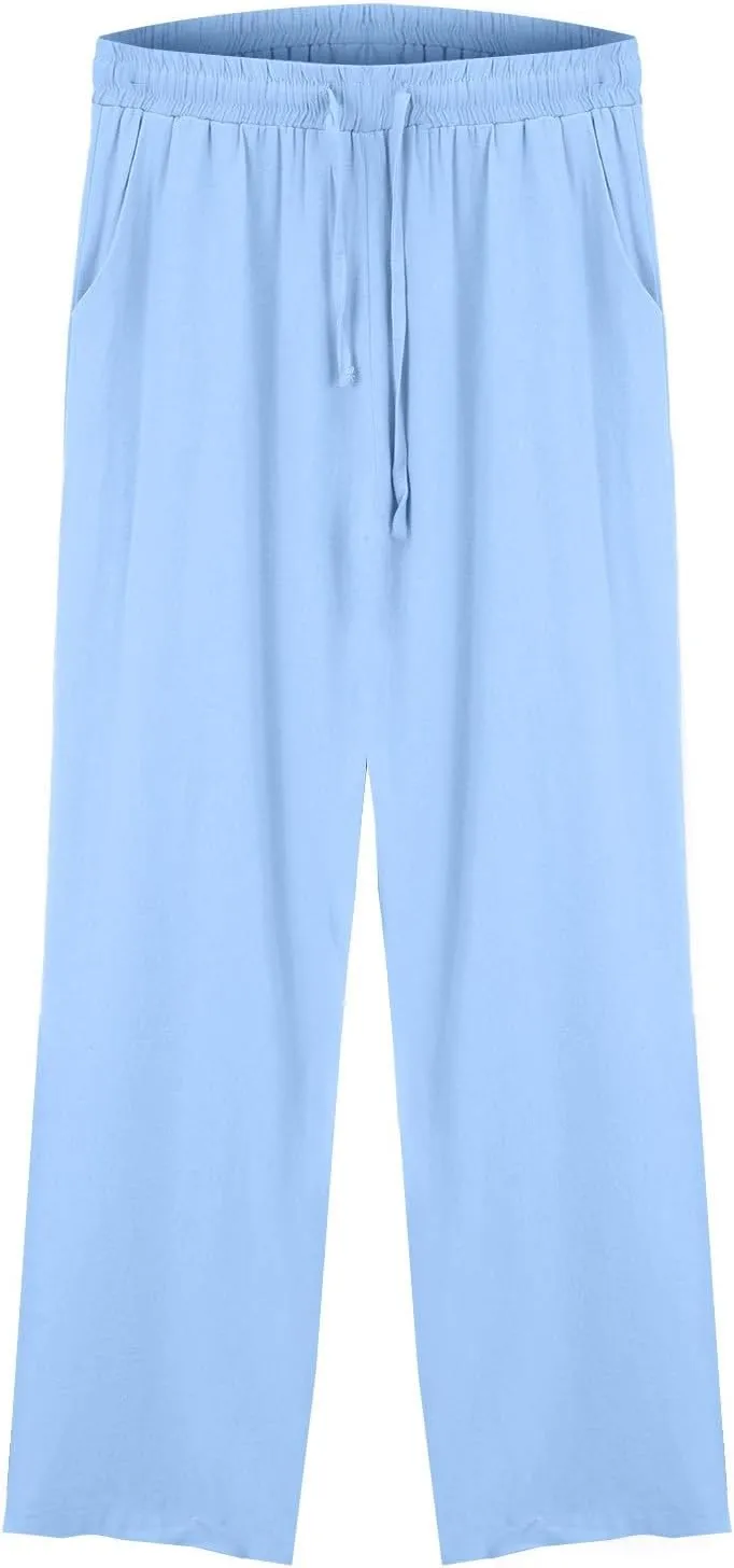 Womens Casual Cotton Linen Pants 2025 Drawstring Elastic Waist Solid Plus Size Lounge Long Trousers with Pockets