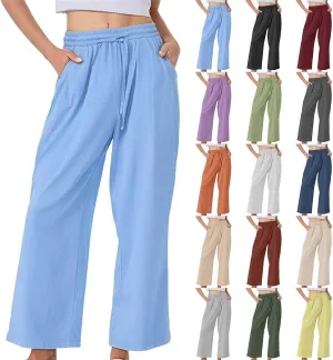 Womens Casual Cotton Linen Pants 2025 Drawstring Elastic Waist Solid Plus Size Lounge Long Trousers with Pockets