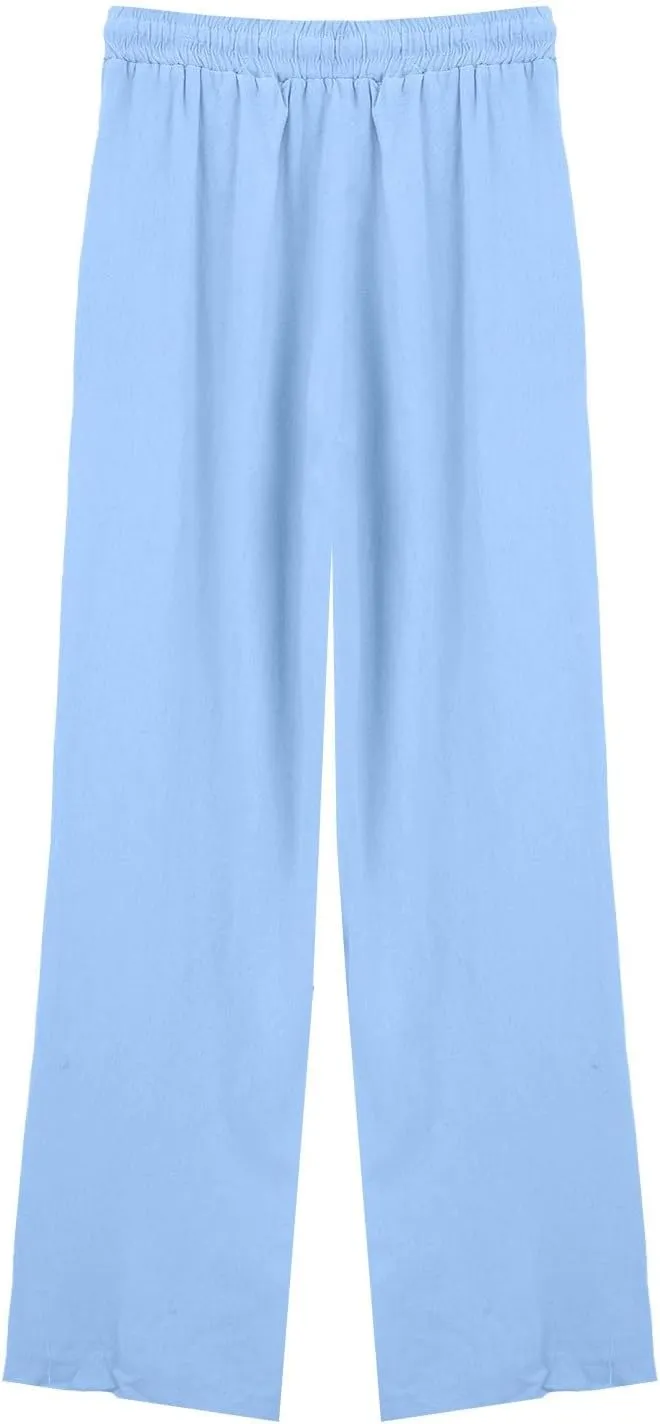 Womens Casual Cotton Linen Pants 2025 Drawstring Elastic Waist Solid Plus Size Lounge Long Trousers with Pockets