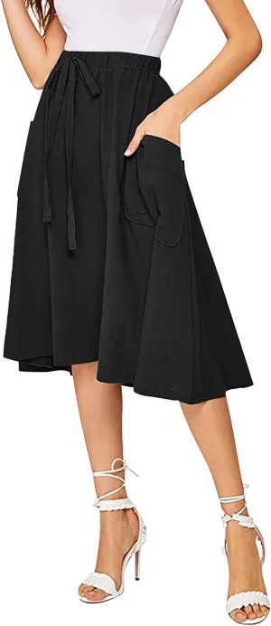 Women's Casual High Waist Pleated A Line Midi Skirt with Pocket Drawstring Elastic Waist Cotton Linen Skirts
