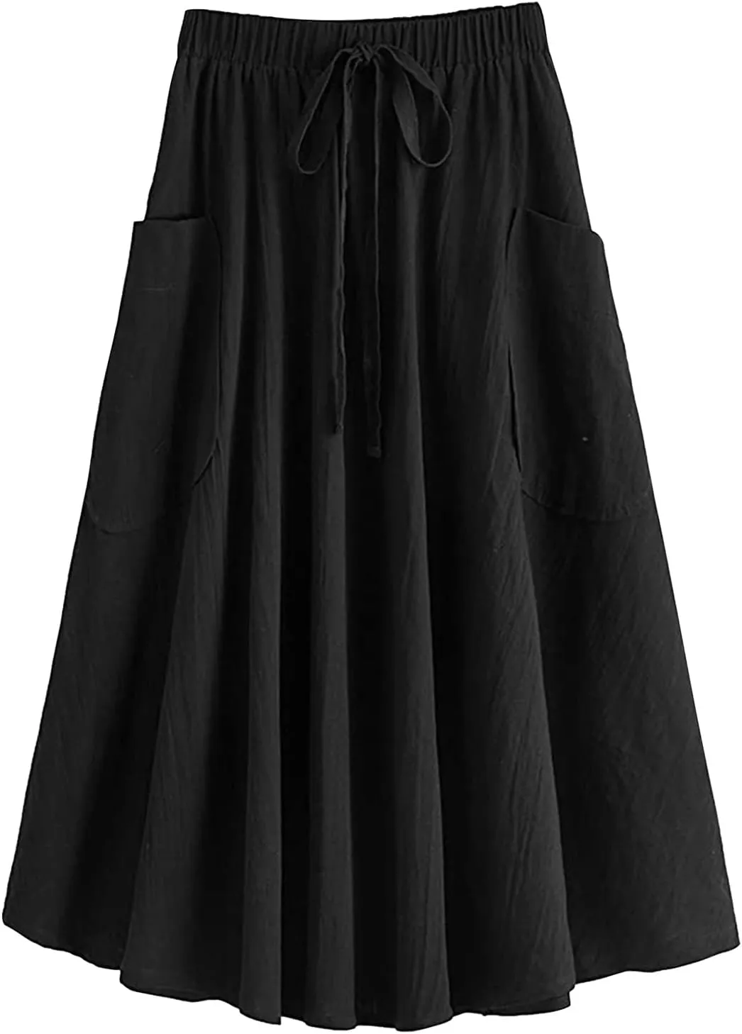 Women's Casual High Waist Pleated A Line Midi Skirt with Pocket Drawstring Elastic Waist Cotton Linen Skirts