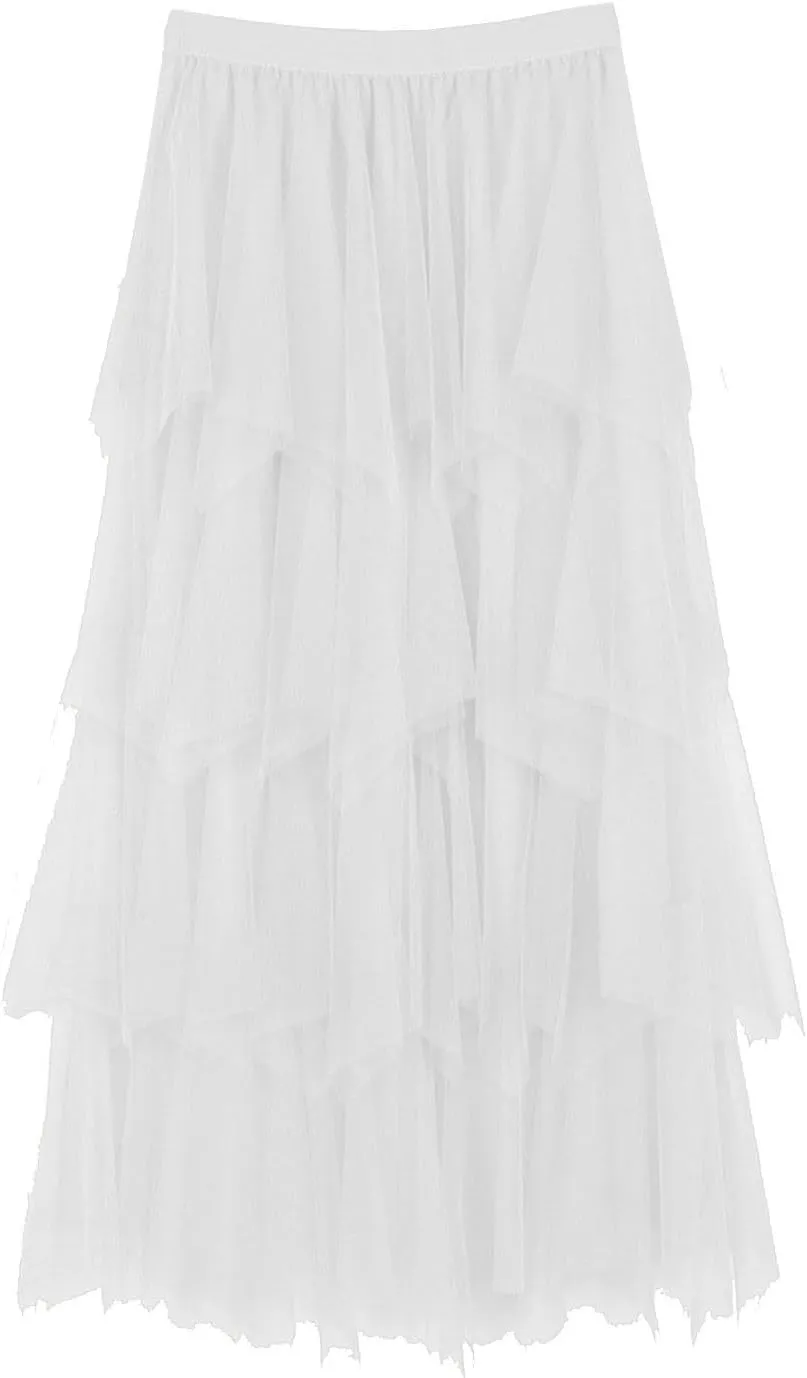 Women's Casual Irregular Cake Skirt Mid-Length High-Waisted Gauze Skirts Midi Elastic Flowy A-Line Mesh Tutu Skirts