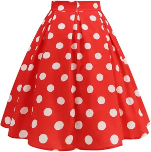 Women's Casual Midi Skater Skirt Polka Dot Print Pleated Flowy Tunic Skirts Cocktail Rockabilly Cute Prom Skirts