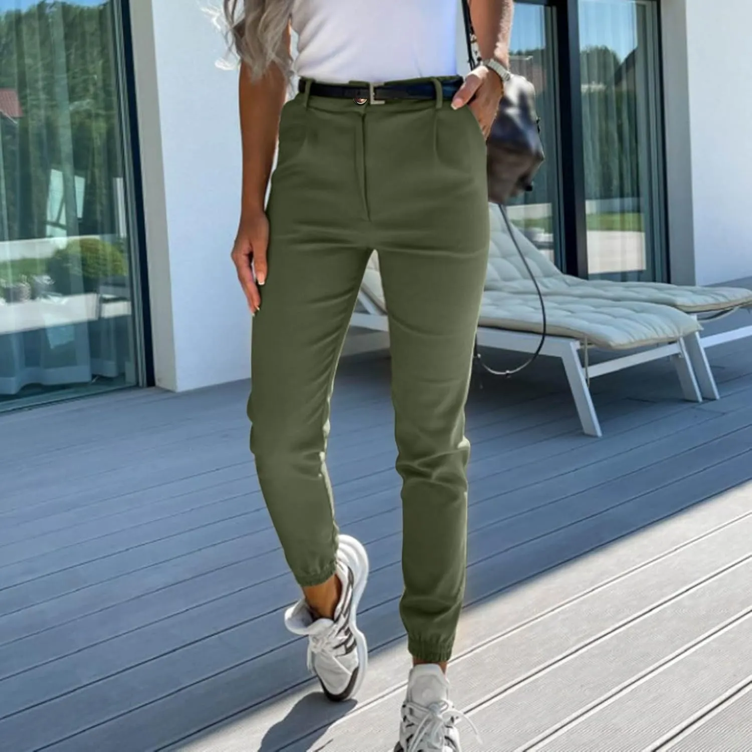 Women's Casual Pants High Waist Dressy Business Petite Fitness Straight Leg Workout Joggers Stretchy Trousers Pockets