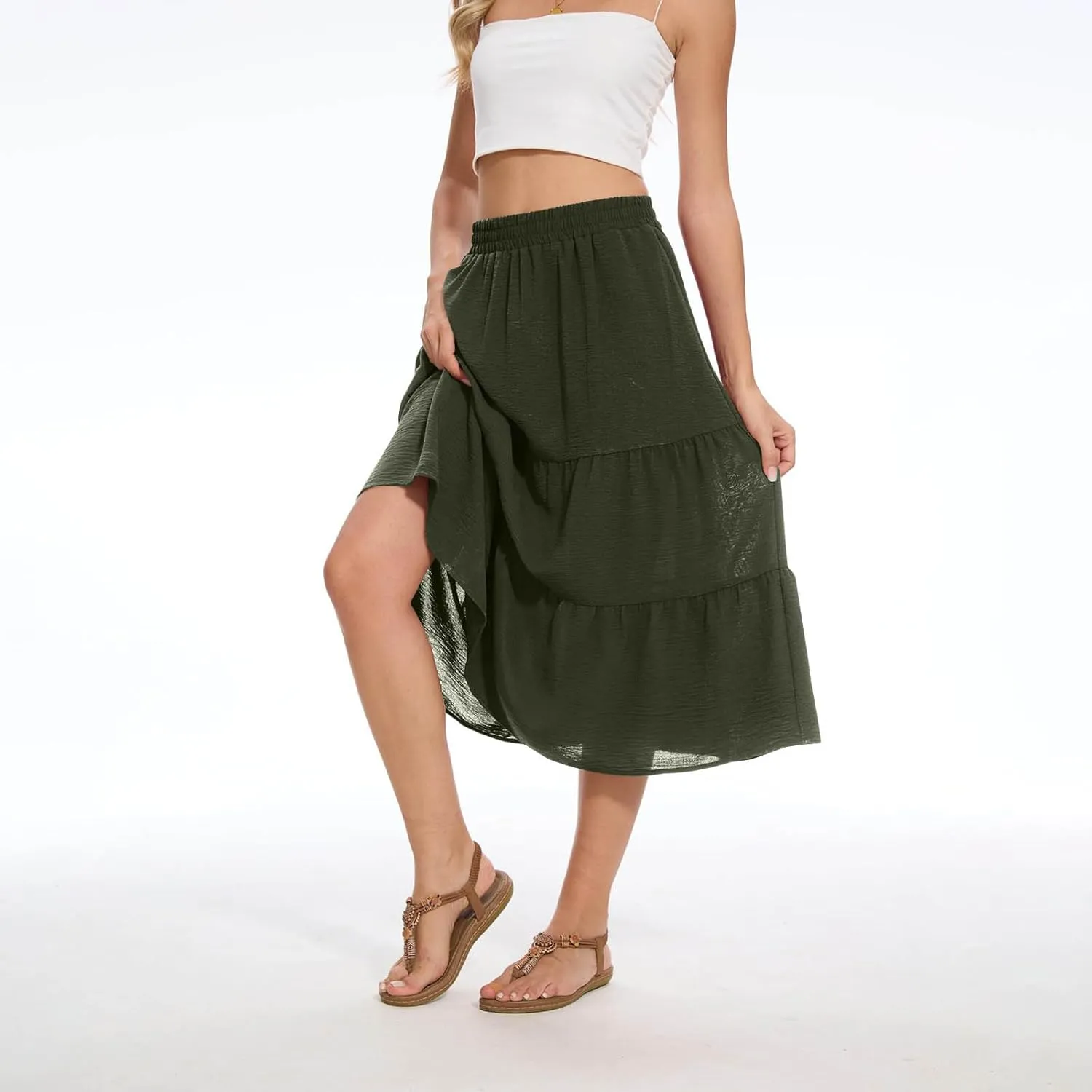 Womens Casual Summer Skirts Comfy Tiered Midi Skirt Elastic Waist A Line Flowy Skirts Trendy Beach Skirt with Pockets