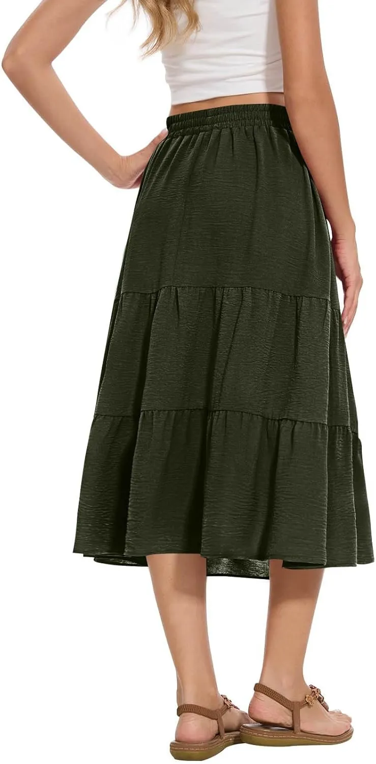 Womens Casual Summer Skirts Comfy Tiered Midi Skirt Elastic Waist A Line Flowy Skirts Trendy Beach Skirt with Pockets