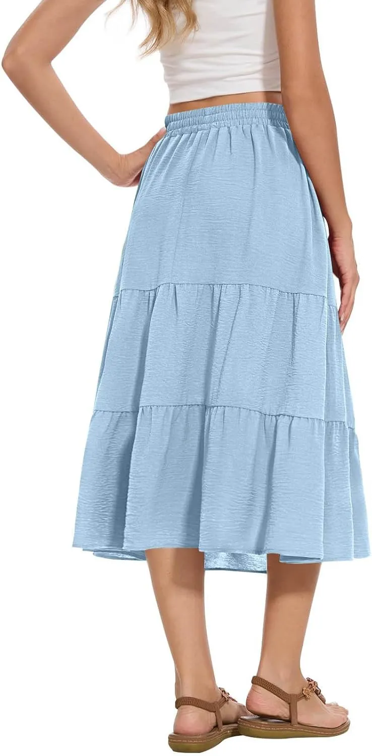 Womens Casual Summer Skirts Comfy Tiered Midi Skirt Elastic Waist A Line Flowy Skirts Trendy Beach Skirt with Pockets