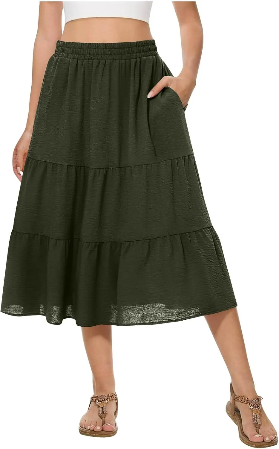 Womens Casual Summer Skirts Comfy Tiered Midi Skirt Elastic Waist A Line Flowy Skirts Trendy Beach Skirt with Pockets
