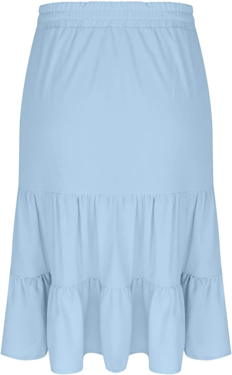 Womens Casual Summer Skirts Comfy Tiered Midi Skirt Elastic Waist A Line Flowy Skirts Trendy Beach Skirt with Pockets