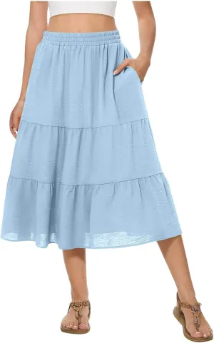 Womens Casual Summer Skirts Comfy Tiered Midi Skirt Elastic Waist A Line Flowy Skirts Trendy Beach Skirt with Pockets