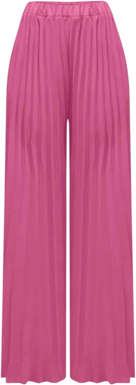 Women's Chiffon Wide Leg Pants High Elastic Waist Cropped Pants Fashion Casual Pleated Ruffle Hem Flowy Trousers